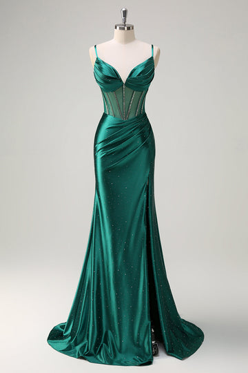 Scintillante verde scuro sirena spaghetti cinghie corsetto in rilievo lungo Abito da cerimonia con fessura